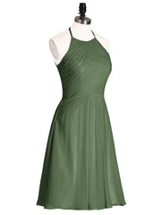 Short Mousseline Robe Demoiselle d'honneur avec Poche Olive Verte Grande Taille