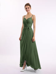 Spaghetti Bretelle Haut Bas Mousseline Robes Avec Nœud Olive Verte Grande Taille