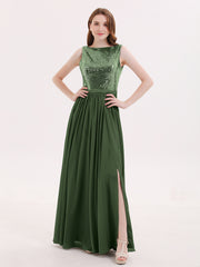 Paillettes et Mousseline Robe avec Fente Olive Verte Grande Taille