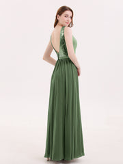 Paillettes et Mousseline Robe avec Fente Olive Verte Grande Taille