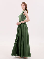 Paillettes et Mousseline Robe avec Fente Olive Verte Grande Taille