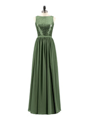 Paillettes et Mousseline Robe avec Fente Olive Verte Grande Taille