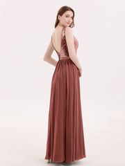 Paillettes et Mousseline Robe avec Fente terracotta Grande Taille