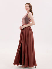 Paillettes et Mousseline Robe avec Fente terracotta Grande Taille