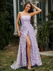 Robe Florale à Encolure Carrée avec Traîne Balayage et Fente Bleu
