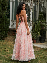 Robe de Bal Florale Appliquée à Bretelles Spaghetti et Lacet Lilas Grande Taille