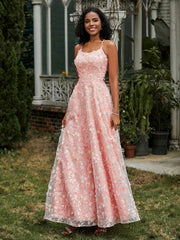 Robe de Bal Florale Appliquée à Bretelles Spaghetti et Lacet Lilas Grande Taille