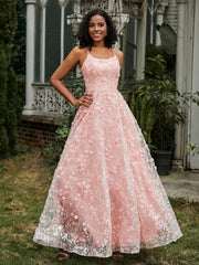 Robe de Bal Florale Appliquée à Bretelles Spaghetti et Lacet Lilas Grande Taille