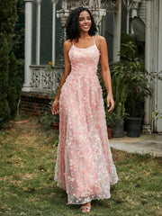Robe de Bal Florale Appliquée à Bretelles Spaghetti et Lacet Lilas Grande Taille