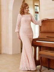 Robe Longueur au Sol en Dentelle à Col en Scoop Rose Perle Grande Taille