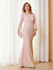 Robe Longueur au Sol en Dentelle à Col en Scoop Rose Perle Grande Taille