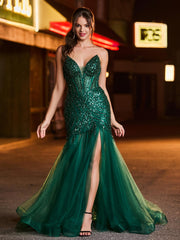 Maxi Robe Trompette Sans Bretelles en Paillettes avec Traîne et Fente Vert Foncé