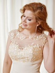 Robe de A-ligne en Mousseline avec Encolure Illusion Longueur aux Genou en Dentelle Champagne