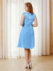 Robe de A-ligne en Mousseline avec Encolure Illusion Longueur aux Genou en Dentelle Bleu Grande Taille