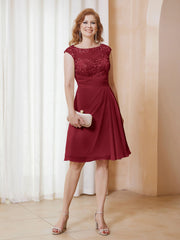 Robe de A-ligne en Mousseline avec Encolure Illusion Longueur aux Genou en Dentelle Bordeaux Grande Taille