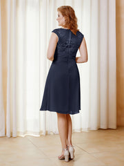 Robe de A-ligne en Mousseline avec Encolure Illusion Longueur aux Genou en Dentelle Bleu Marine Grande Taille