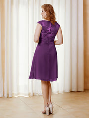 Robe de A-ligne en Mousseline avec Encolure Illusion Longueur aux Genou en Dentelle Raisin Grande Taille