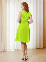 Robe de A-ligne en Mousseline avec Encolure Illusion Longueur aux Genou en Dentelle Vert Citron