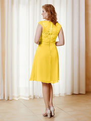 Robe de A-ligne en Mousseline avec Encolure Illusion Longueur aux Genou en Dentelle Souci Grande Taille