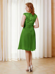 Robe de A-ligne en Mousseline avec Encolure Illusion Longueur aux Genou en Dentelle Mousse Grande Taille