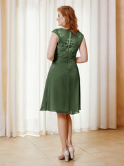 Robe de A-ligne en Mousseline avec Encolure Illusion Longueur aux Genou en Dentelle Olive Verte Grande Taille