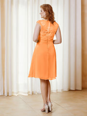 Robe de A-ligne en Mousseline avec Encolure Illusion Longueur aux Genou en Dentelle Orange Grande Taille