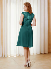 Robe de A-ligne en Mousseline avec Encolure Illusion Longueur aux Genou en Dentelle Paon Grande Taille