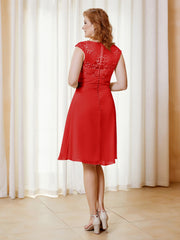 Robe de A-ligne en Mousseline avec Encolure Illusion Longueur aux Genou en Dentelle Rouge Grande Taille