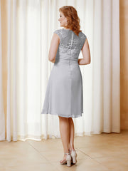 Robe de A-ligne en Mousseline avec Encolure Illusion Longueur aux Genou en Dentelle Argent Grande Taille