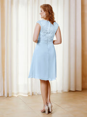 Robe de A-ligne en Mousseline avec Encolure Illusion Longueur aux Genou en Dentelle Bleu Ciel Grande Taille