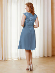 Robe de A-ligne en Mousseline avec Encolure Illusion Longueur aux Genou en Dentelle Bleu de Schiste Grande Taille