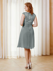 Robe de A-ligne en Mousseline avec Encolure Illusion Longueur aux Genou en Dentelle Gris Acier Grande Taille