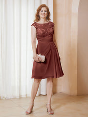 Robe de A-ligne en Mousseline avec Encolure Illusion Longueur aux Genou en Dentelle Terracotta Grande Taille