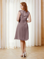 Robe de A-ligne en Mousseline avec Encolure Illusion Longueur aux Genou en Dentelle Vintage Mauve Grande Taille