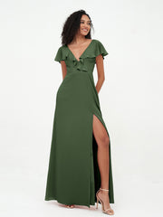 A-ligne Robes à Col en V en Mousseline avec Poches Olive Verte Grande Taille