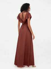 A-ligne Robes à Col en V en Mousseline avec Poches terracotta Grande Taille