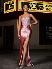 Robe de Soirée en Satin Longueur au Sol à Col en Cœur Rose Poudré Grande Taille