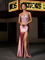 Robe de Soirée en Satin Longueur au Sol à Col en Cœur Rose Poudré Grande Taille