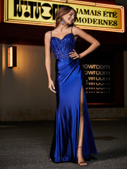 Robe de Soirée en Satin Longueur au Sol à Col en Cœur Bleu Royale Grande Taille