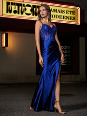 Robe de Soirée en Satin Longueur au Sol à Col en Cœur Bleu Royale Grande Taille