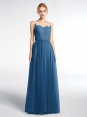 Robe Longue en Dentelle Et Tulle à Décolleté Illusion Bleu Encre