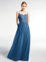 Robe Longue en Dentelle Et Tulle à Décolleté Illusion Bleu Encre