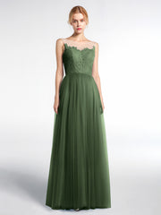 Robe Longue en Dentelle Et Tulle à Décolleté Illusion Olive Verte