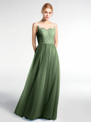 Robe Longue en Dentelle Et Tulle à Décolleté Illusion Olive Verte