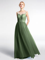 Robe Longue en Dentelle Et Tulle à Décolleté Illusion Olive Verte