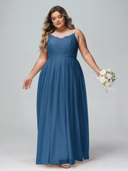 Robe Longue en Dentelle Et Tulle à Décolleté Illusion Bleu Encre