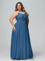 Robe Longue en Dentelle Et Tulle à Décolleté Illusion Bleu Encre