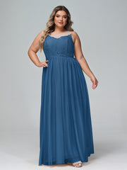 Robe Longue en Dentelle Et Tulle à Décolleté Illusion Bleu Encre