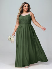 Robe Longue en Dentelle Et Tulle à Décolleté Illusion Olive Verte Grande Taille