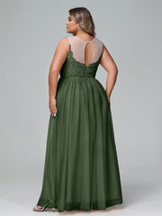 Robe Longue en Dentelle Et Tulle à Décolleté Illusion Olive Verte Grande Taille